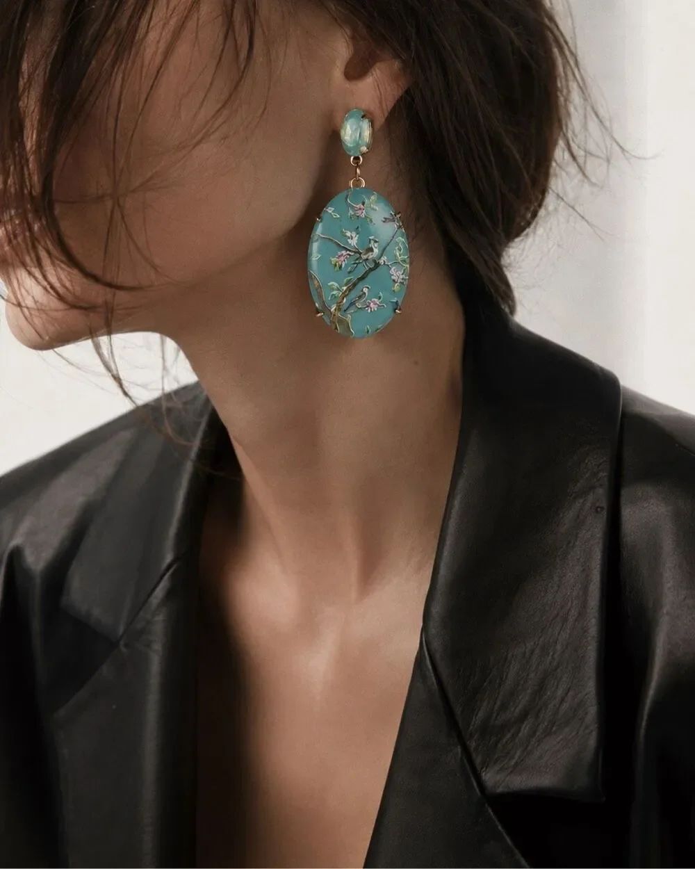 Anthropologie Gold Tone Blue Floral Bird Statement Dangle Earrings Crystal Trim